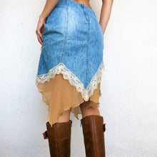 Load image into Gallery viewer, Lacy Denim Boho Midi Skirt