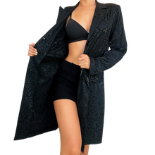 Load image into Gallery viewer, Long Black Brocade Blazer
