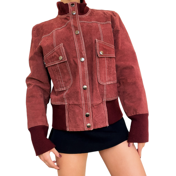 Vintage Brick Red Suede Bomber Jacket