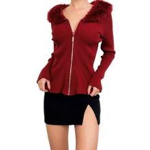 Load image into Gallery viewer, Furry Rhinestone Zip Up Sweater