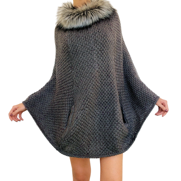 Furry Gray Knit Poncho Sweater