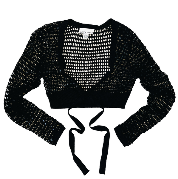 Black Sequin Crochet Tie Front Top