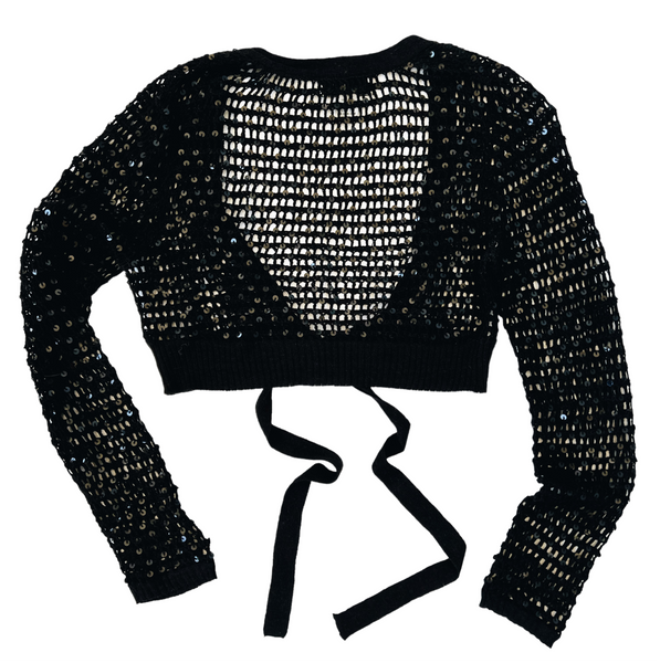 Black Sequin Crochet Tie Front Top
