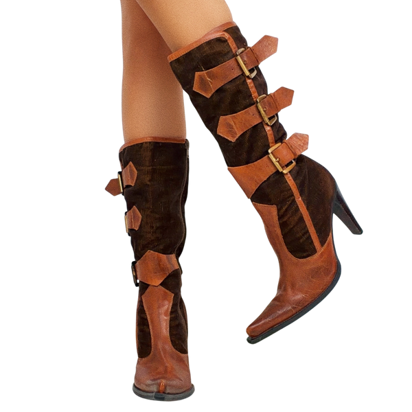 Leather & Corduroy Heeled Boots
