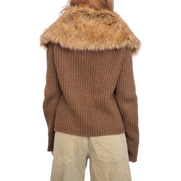 Chunky Knit Furry Collar Cardigan