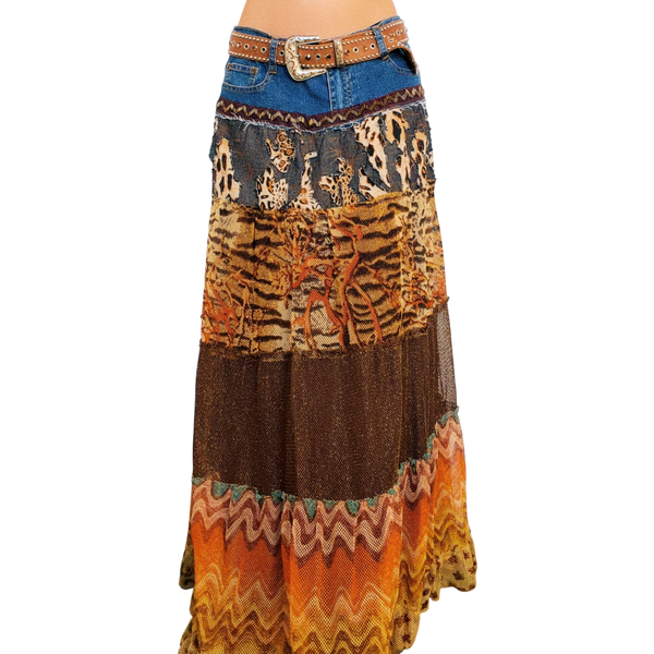 Vintage Funky Embellished Maxi Skirt & Leather Belt