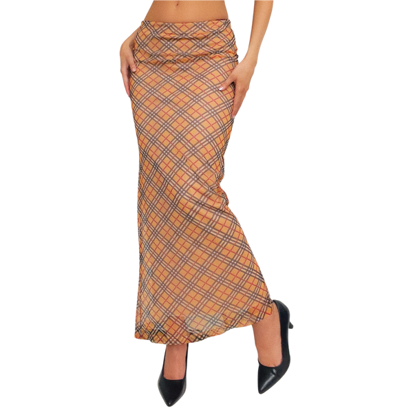 90s Tan Plaid Maxi Skirt