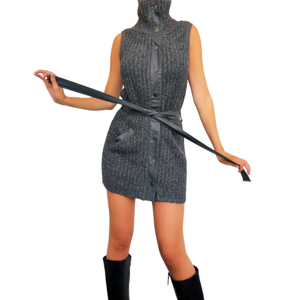 Gray Knit Belted Mini Dress