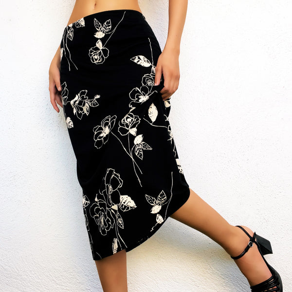 90s Black & Ivory Floral Midi Skirt