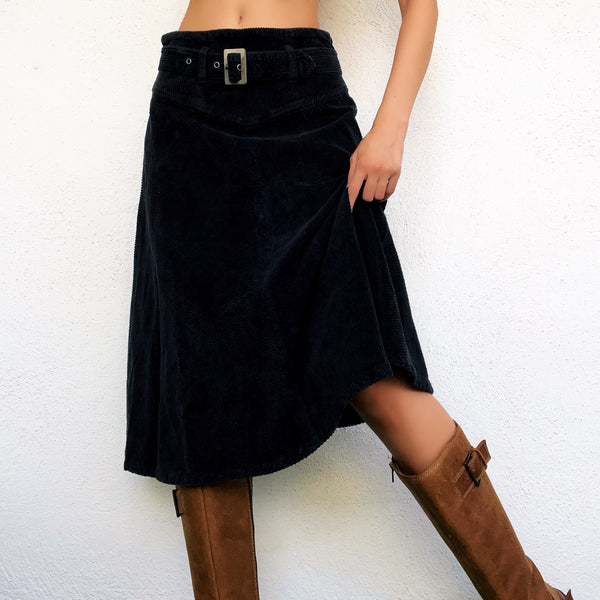 Belted Corduroy Midi Skirt