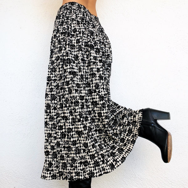 90s Gingham Floral Midi Skirt