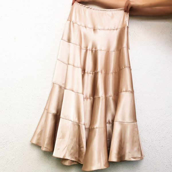 Satin Champagne Tiered Maxi Skirt