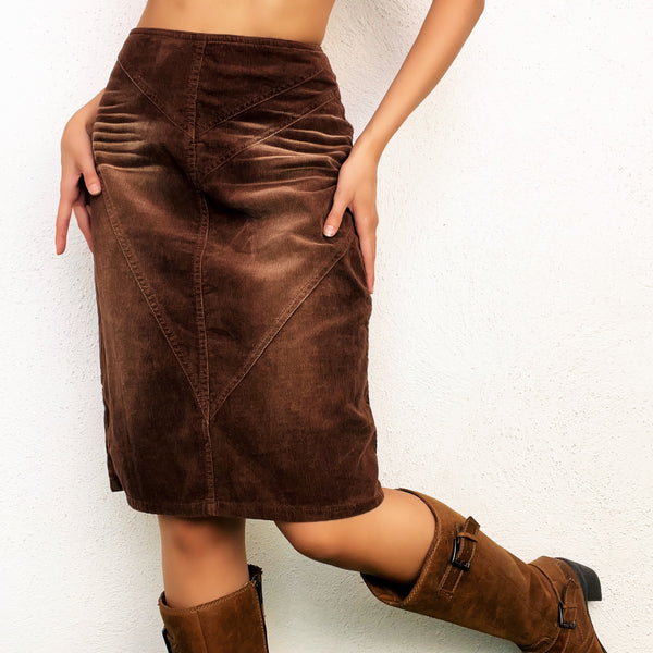 Distressed Brown Corduroy Midi Skirt