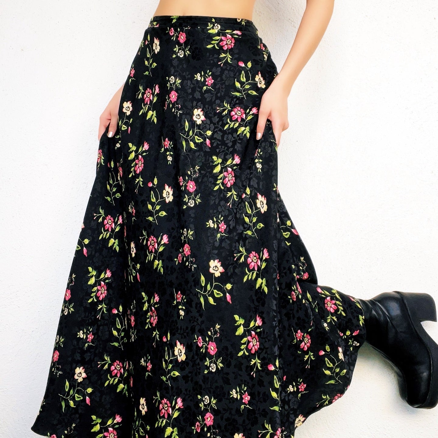 Silky Black Floral Maxi Skirt