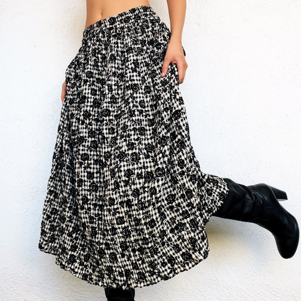 90s Gingham Floral Midi Skirt