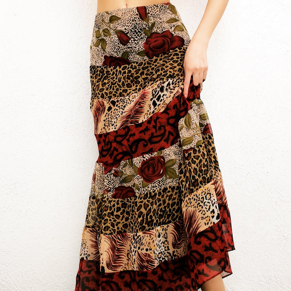 Vintage Tiered Mixed Print Maxi Skirt