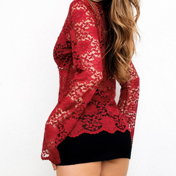 Sheer Lacy Deep Red Top