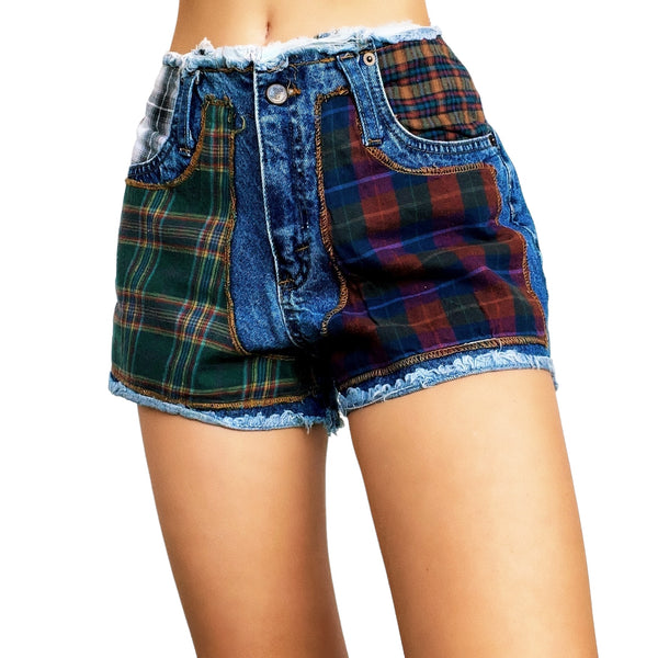Vintage Plaid Denim Shorts