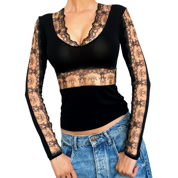 French Vintage Lacy Black Top