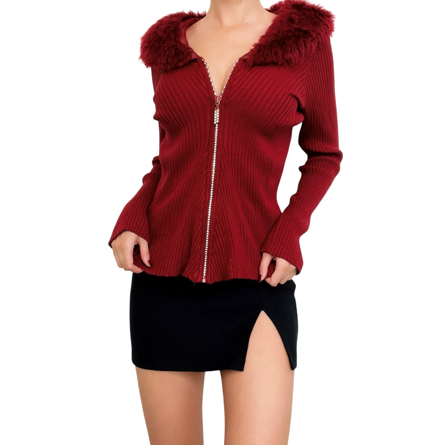 Furry Rhinestone Zip Up Sweater