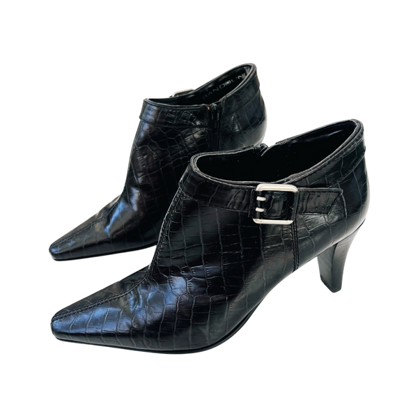 Black Leather Croc Booties