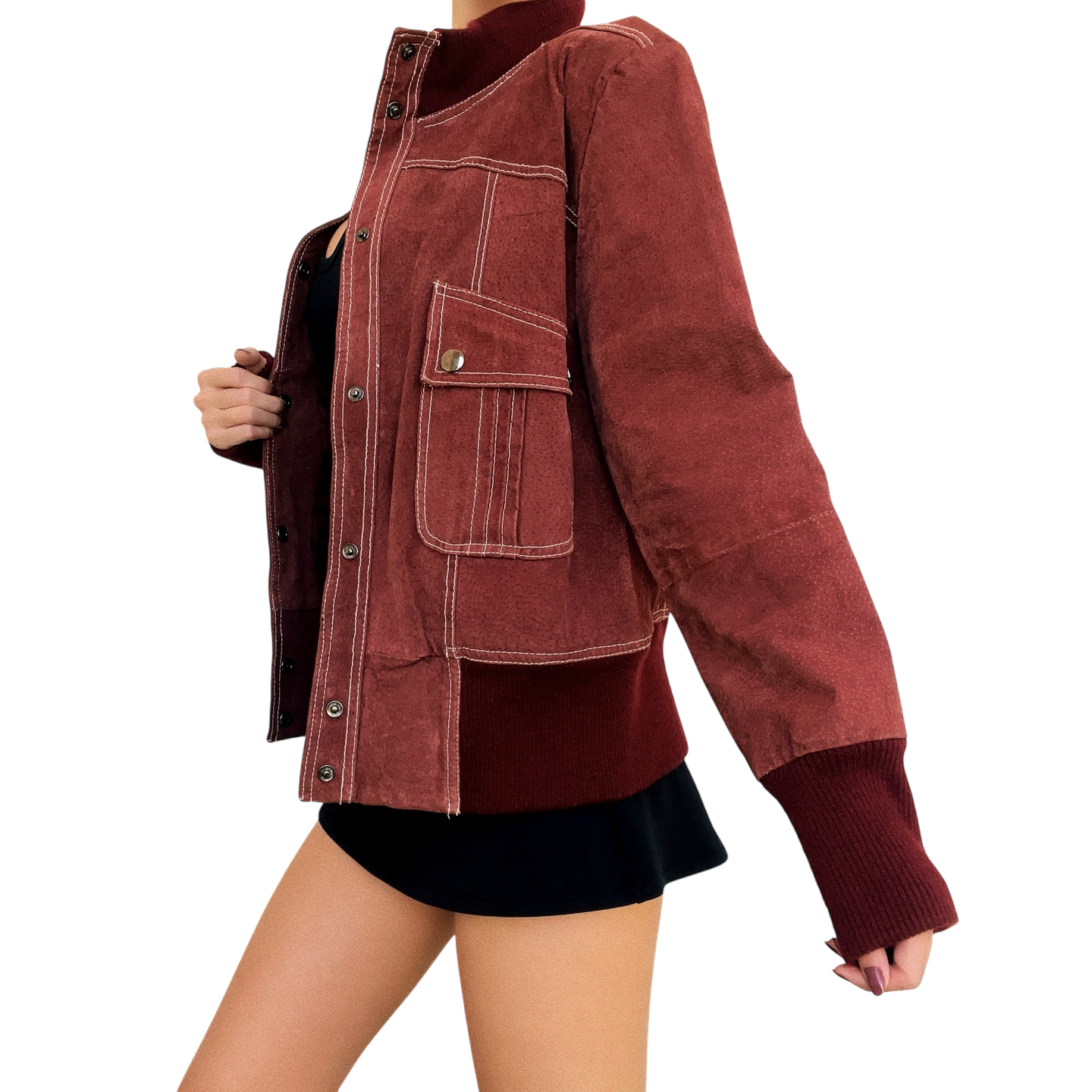 Vintage Brick Red Suede Bomber Jacket