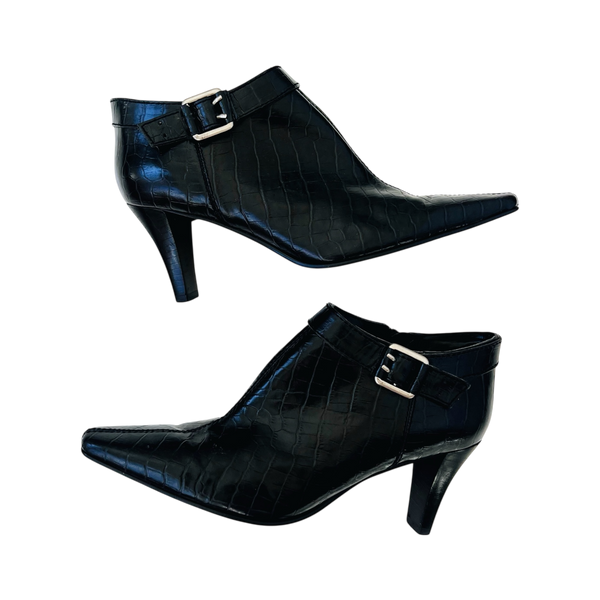Black Leather Croc Booties