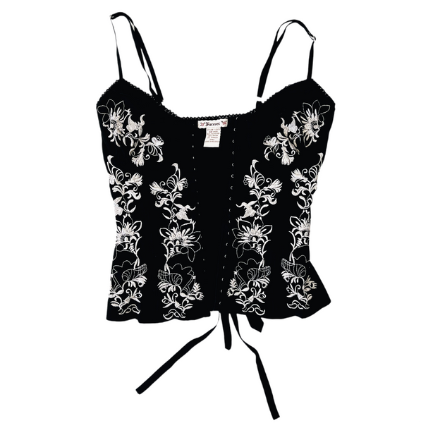 Early 2000s Black Floral Corset Top