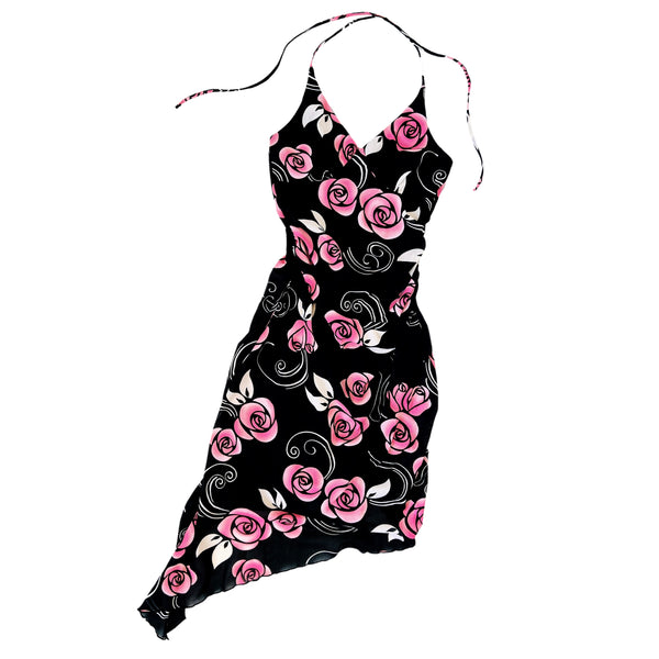 90s Black & Pink Floral Halter Dress