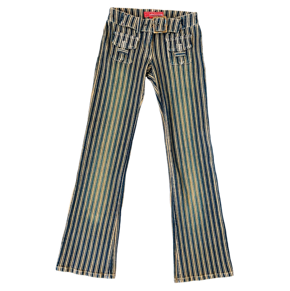 Vintage Striped Belted Flare Jeans