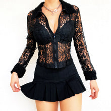 Load image into Gallery viewer, Sheer Lacy Black Zip Up Blouse
