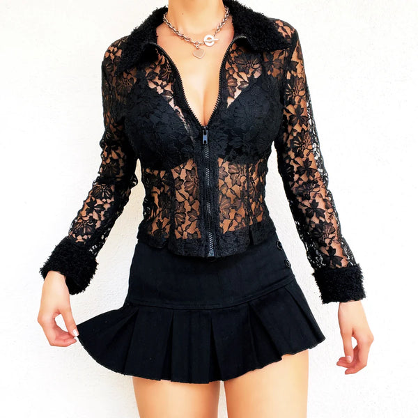Sheer Lacy Black Zip Up Blouse