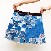 Load image into Gallery viewer, Vintage Distressed Denim Patchwork Mini Skirt
